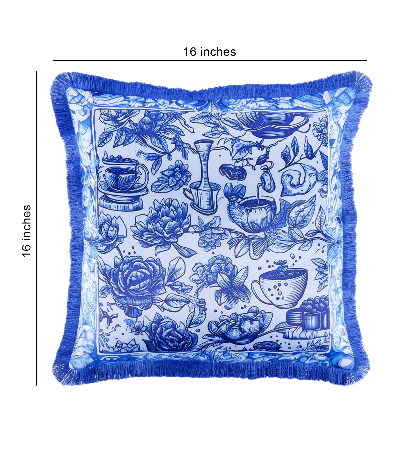 THE WHITE INK DECOR Indigo Motif fine Satin Cushion Cover with Blue Fringe Edging and Concealed  Lifestyle