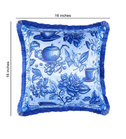 THE WHITE INK DECOR fine Satin Delicate Floral Border Cushion Cover with Blue Fringe Edging and Concealed  Lifestyle 226