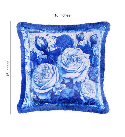 THE WHITE INK DECOR Indigo Motif with a Delicate Floral Border fine Satin Cushion Cover with Fringe Edging and Concealed  Lifestyle 221