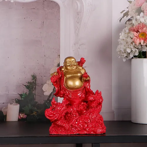 Bright Red Auspicious Laughing Buddha Symbol of Joy and Good Fortune showpiece