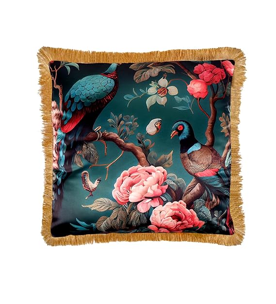 Premium Satin Tropical Print Delicate Cushion Cover with Fringe Edging and Concealed