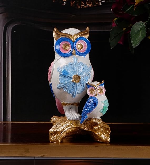 Premium Auspicious Owl with Golden Eye A Symbol of Wisdom and Fortune for Home and Living Room Decor Item, Statue, Figurine (8.5 inches)