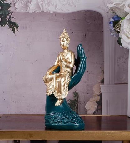 Golden Enlightenment: Buddha, Palm Buddha Hand Statues Idol for Home, Office, Living Room Decor and Mandir Pooja Room and Diwali Decor