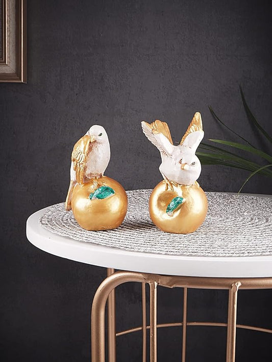 Handicrafted Polyresin Cute Bird Love Bird Sitting On Fruit Figurine Showpiece for Home Decor, Premium Gold, Set 0F 2