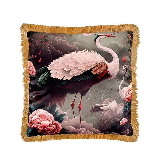 Premium Satin myst Tropical Print Cushion Cover with Fringe Edging and Concealed