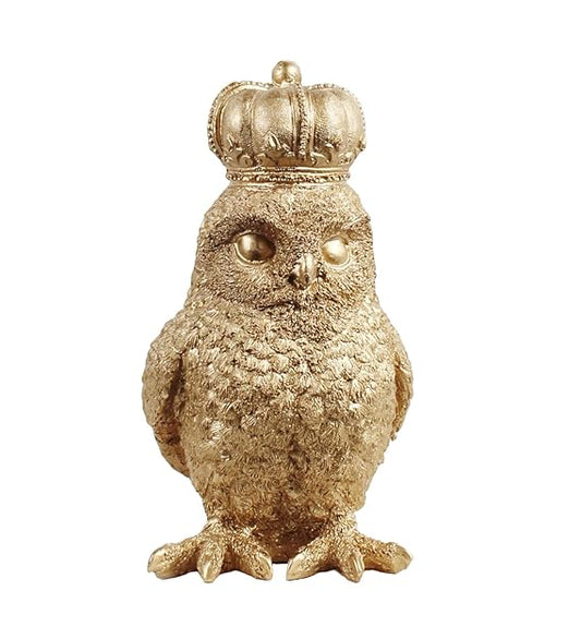 Owl Showpiece with Crown - Symbol of Wisdom, Knowledge, and Authority in Golden Hue (9 inches) (9 inches)