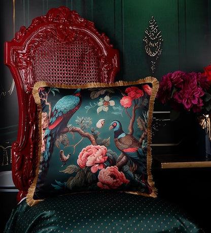 Premium Satin Tropical Print Delicate Cushion Cover with Fringe Edging and Concealed