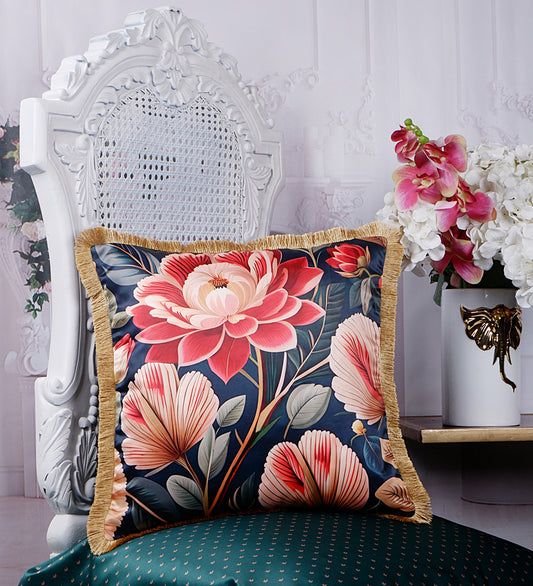 THE WHITE INK DECOR Premium Satin Prismatic Floral Print Cushion Cover with Fringe Edging and Concealed  Lifestyle