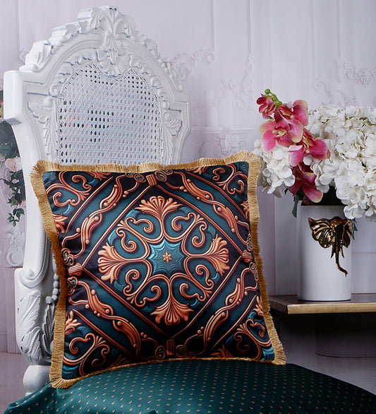 THE WHITE INK DECOR Premium Satin Floral Print Cushion Cover with Fringe Edging and Concealed  Lifestyle 161