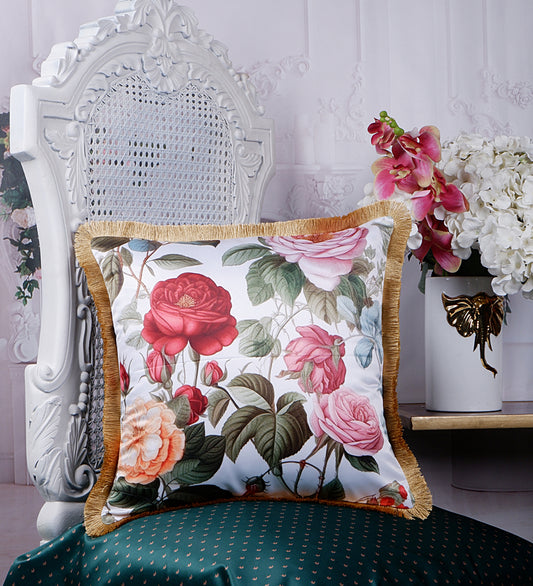 THE WHITE INK DECOR Premium Satin Scintillating Floral Print Cushion Cover