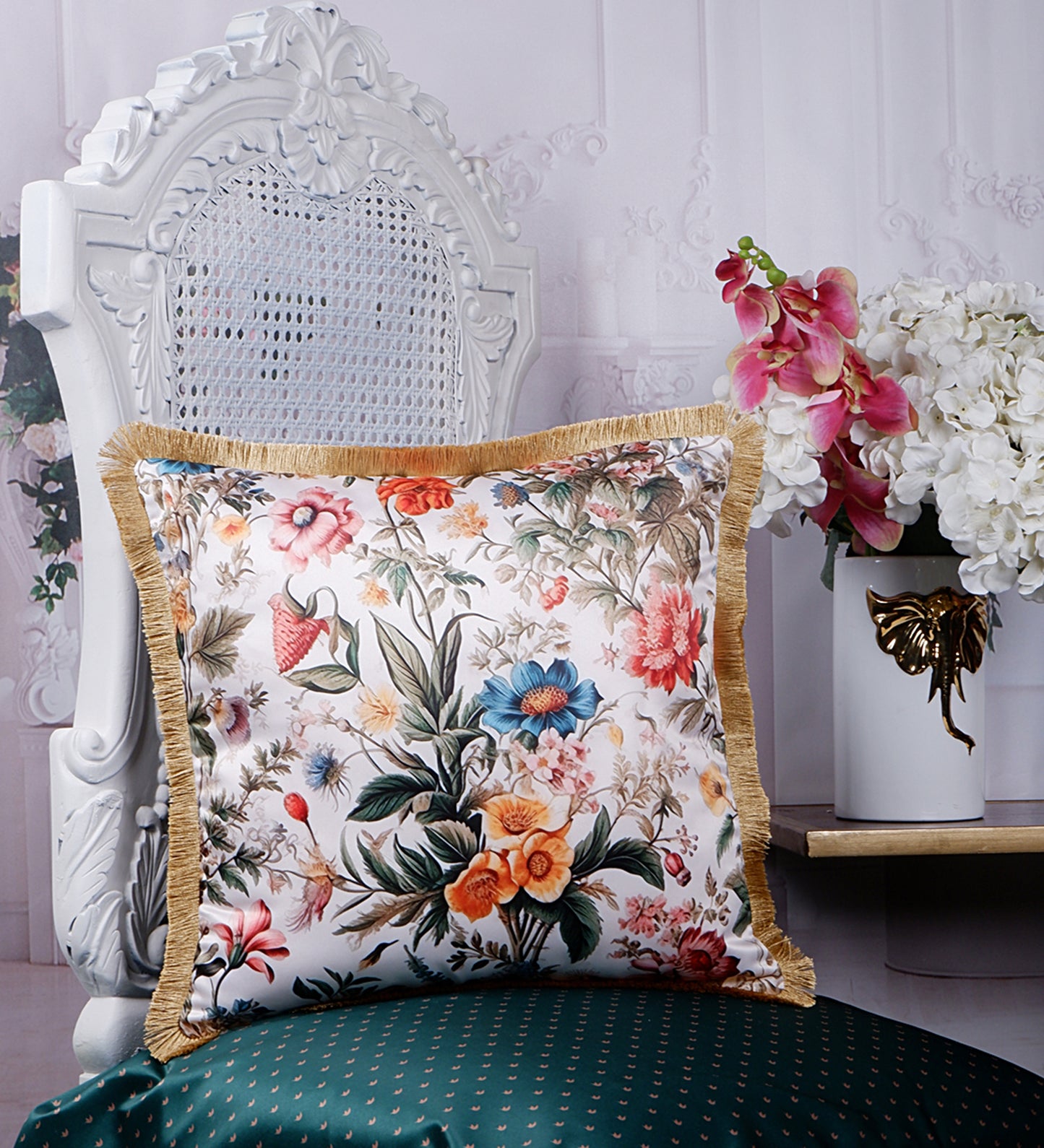 THE WHITE INK DECOR Premium Satin Prismatic Floral Print Cushion Cover with Fringe Edging and Concealed  Lifestyle