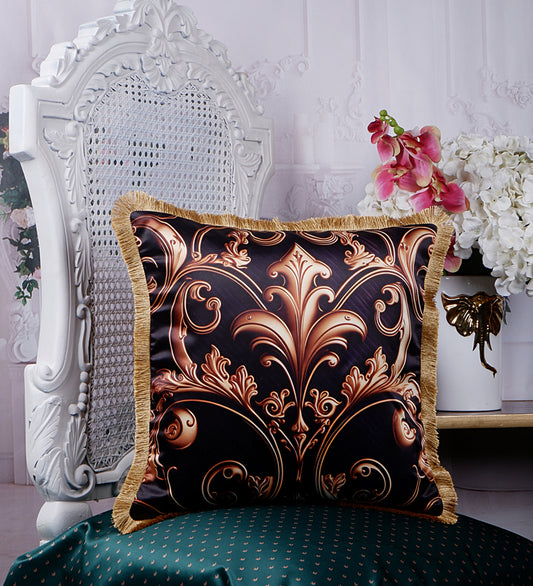 THE WHITE INK DECOR Premium Satin Floral Print Cushion Cover with Fringe Edging and Concealed. Decorative Throw Pillow Covers for Sofa. Primary Colors are Black and Brown 160