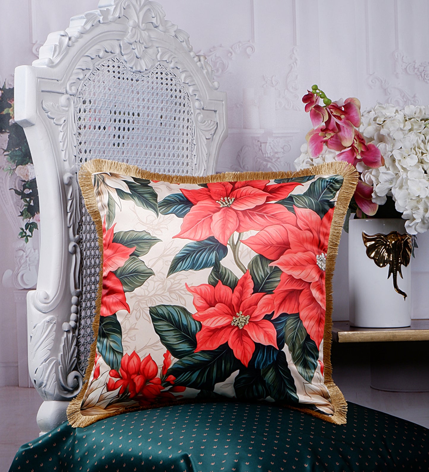 THE WHITE INK DECOR Premium Satin Prismatic Floral Print Cushion Cover with Fringe Edging and Concealed  Lifestyle