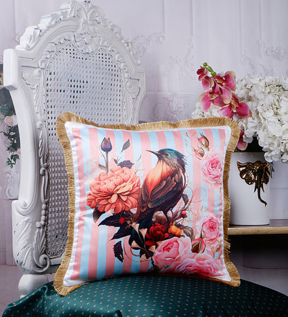 Premium Satin Tropical Print Delicate Cushion Cover with Fringe Edging and Concealed