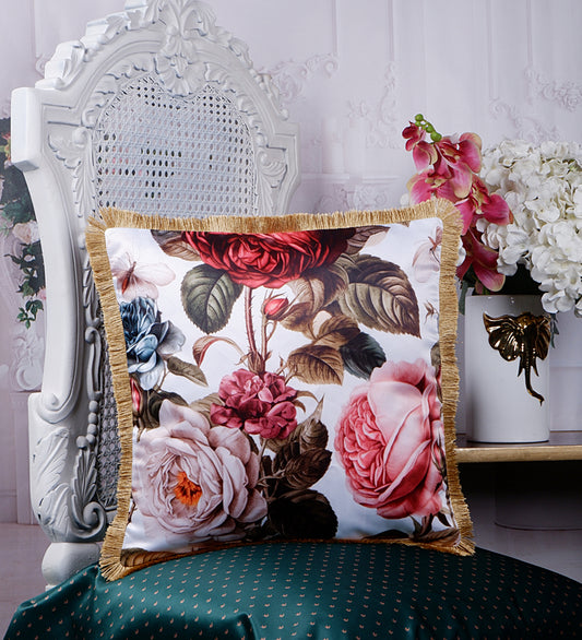 THE WHITE INK DECOR Premium Satin Scintillating Floral Print Cushion Cover with Fringe Edging and Concealed . Decorative Throw Pillow Covers for Sofa