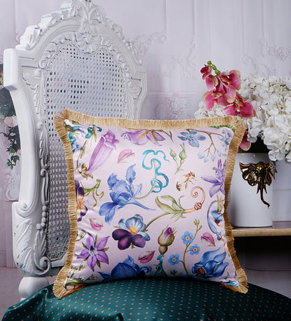 THE WHITE INK DECOR Premium Satin Prismatic Floral Print Cushion Cover with Fringe Edging and Concealed Lifestyle