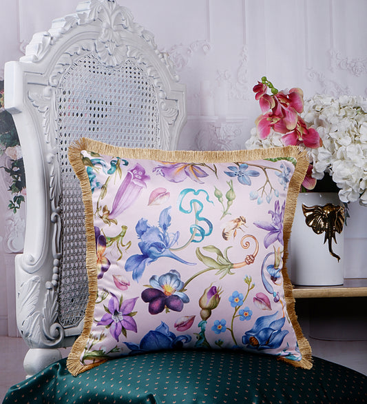 THE WHITE INK DECOR Premium Satin Prismatic Floral Print Cushion Cover with Fringe Edging and Concealed Lifestyle