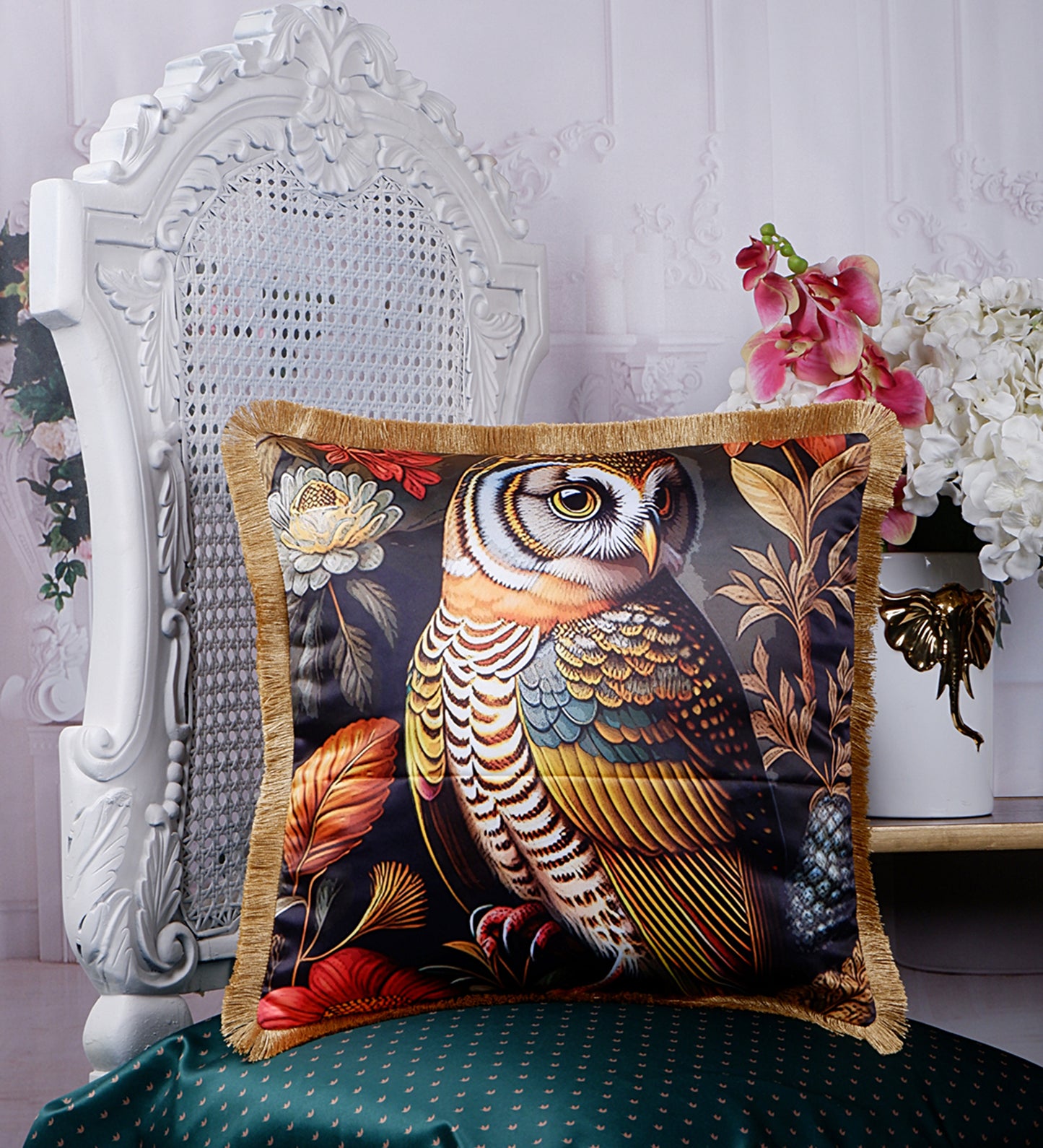 THE WHITE INK DECOR Tropical Paradise: Premium Satin Cushion Cover with Fringe Edging . Decorative Throw Pillow Covers for Sofa. Owl