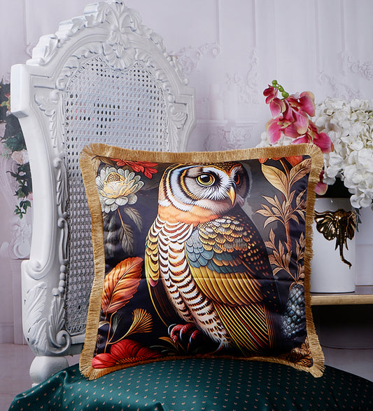 THE WHITE INK DECOR Tropical Paradise: Premium Satin Cushion Cover with Fringe Edging . Decorative Throw Pillow Covers for Sofa. Owl