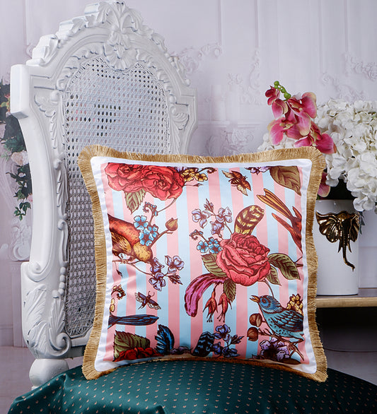 THE WHITE INK DECOR Premium Satin Prismatic Floral Print Cushion Cover with Fringe Edging and Concealed  Lifestyle  144