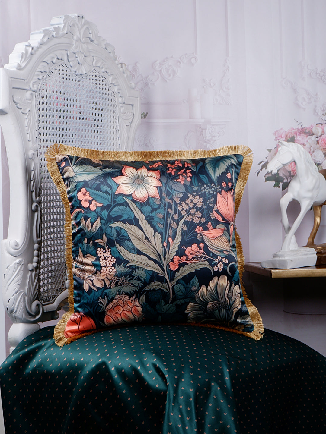 THE WHITE INK DECOR Premium Satin Prismatic Floral Print Cushion Cover with Fringe Edging and Concealed  Lifestyle