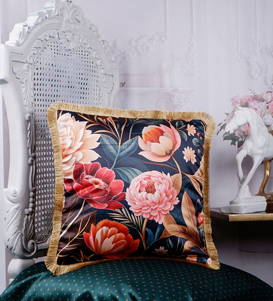 THE WHITE INK DECOR Indigo Motif with a Delicate Floral Border fine Satin Cushion Cover with Fringe Edging and Concealed  Lifestyle