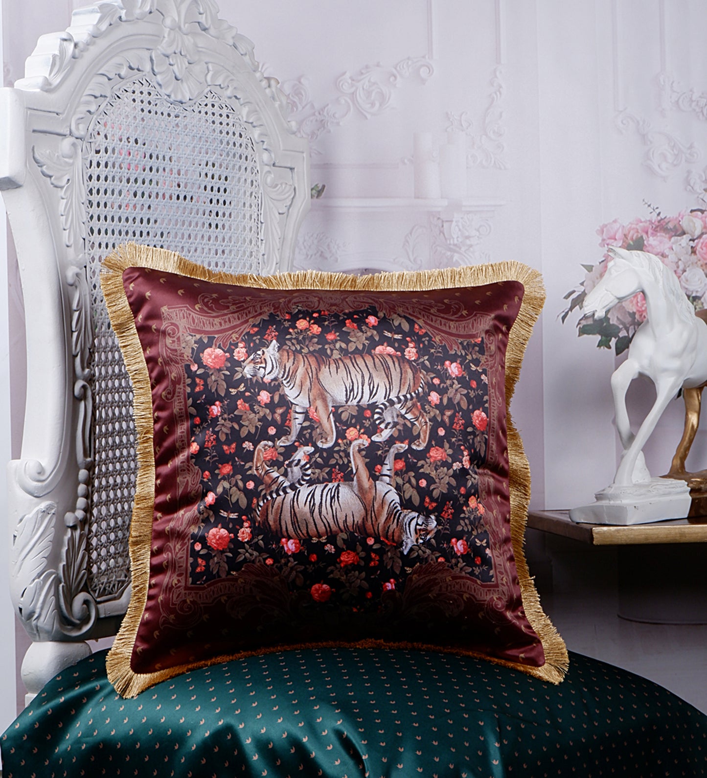 THE WHITE INK DECOR Premium Satin Lion Print Cushion Cover with Fringe Edging and Concealed  Lifestyle 157