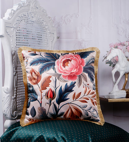 THE WHITE INK DECOR Indigo Motif with a Delicate Floral Border fine Satin Cushion Cover with Fringe Edging and Concealed  Lifestyle Rose