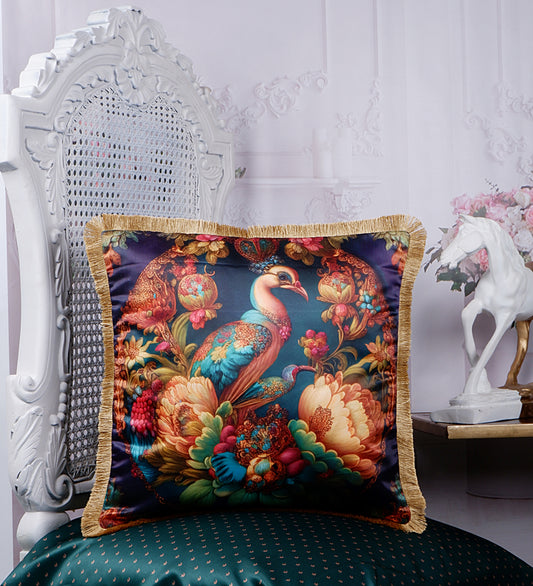 THE WHITE INK DECOR Tropical Paradise: Premium Satin Cushion Cover with Fringe Edging . Decorative Throw Pillow Covers for Sofa. Peacock