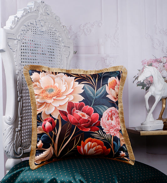 THE WHITE INK DECOR Indigo Motif with a Delicate Floral Border fine Satin Cushion Cover with Fringe Edging and Concealed  Lifestyle Lotus