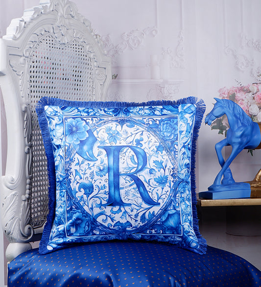 THE WHITE INK DECOR Premium Satin Cushion Cover Crafted with Fringe Edging and Concealed Letter R