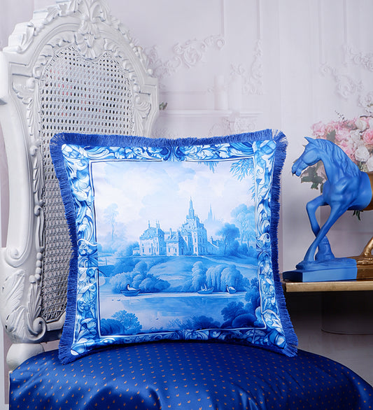 THE WHITE INK DECOR Premium Satin Imperial Printed Cushion Cover with Fringe Edging and Concealed  Lifestyle