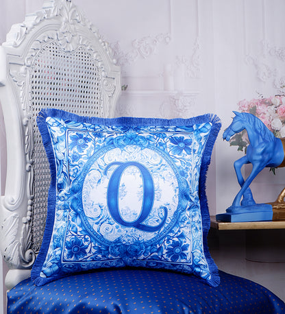 THE WHITE INK DECOR Quintessence of Elegance: Indigo Story Fine Satin Cushion Cover - Letter Q Lifestyle