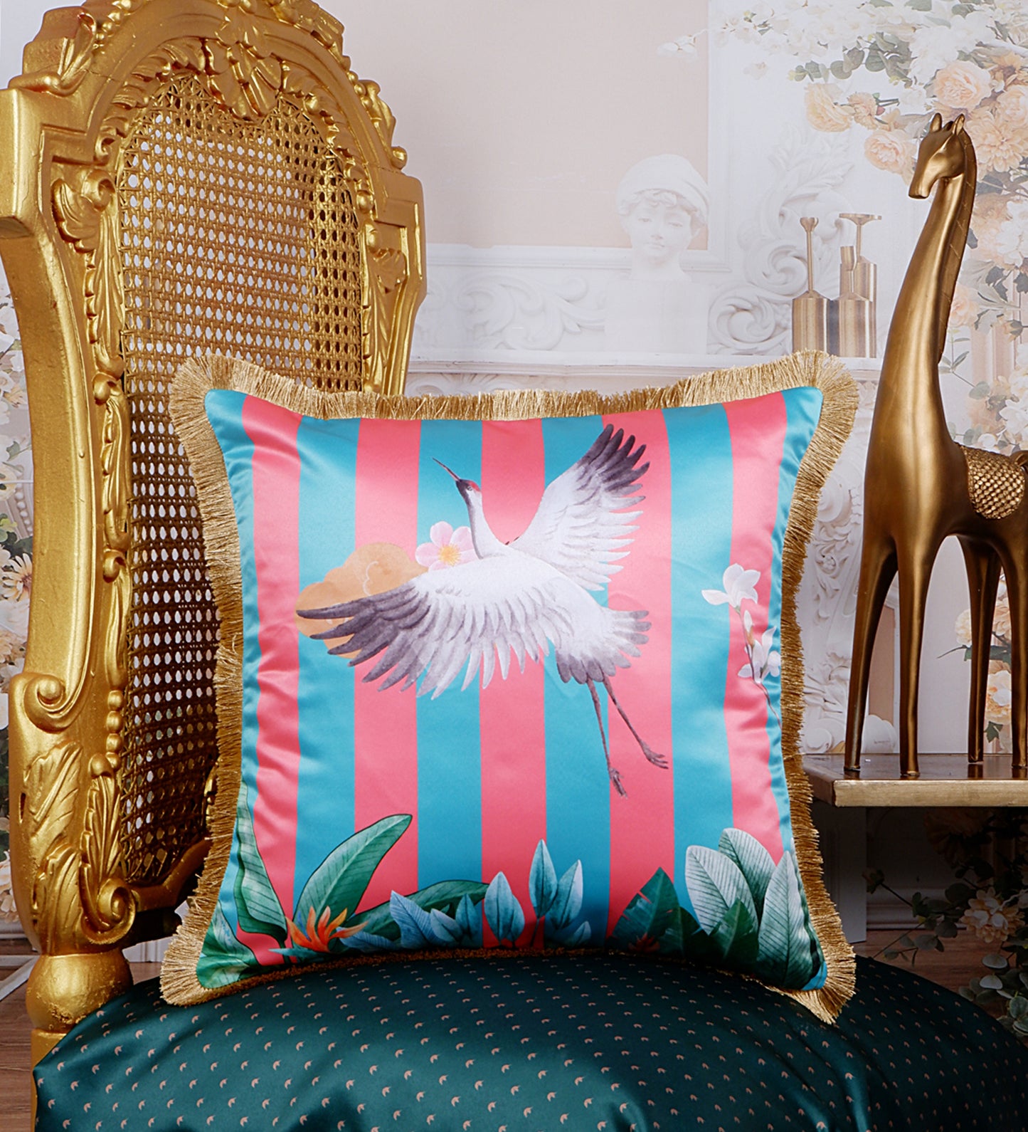 THE WHITE INK DECOR Premium Satin Blue Stripes Print Cushion Cover with Fringe Edging and Concealed . Decorative Throw Pillow Covers for Sofa. Primary Colors are Pink and Blue