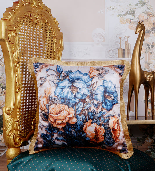 THE WHITE INK DECOR Premium Satin Prismatic Floral Print Cushion Cover with Fringe Edging and Concealed  Lifestyle