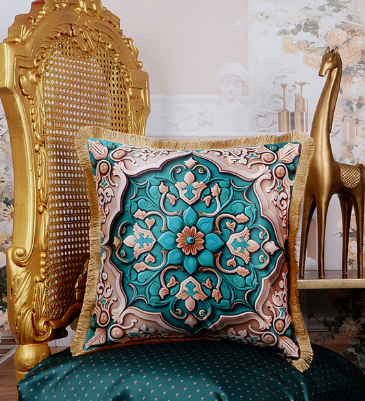 THE WHITE INK DECOR Premium Satin Floral Print Cushion Cover with Fringe Edging and Concealed  Lifestyle 163