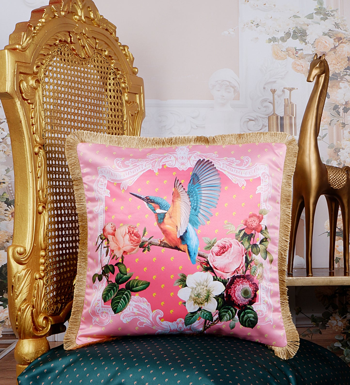 THE WHITE INK DECOR Tropical Paradise: Premium Satin Cushion Cover with Fringe Edging . Decorative Throw Pillow Covers for Sofa. Primary Colors are Pink and Blue