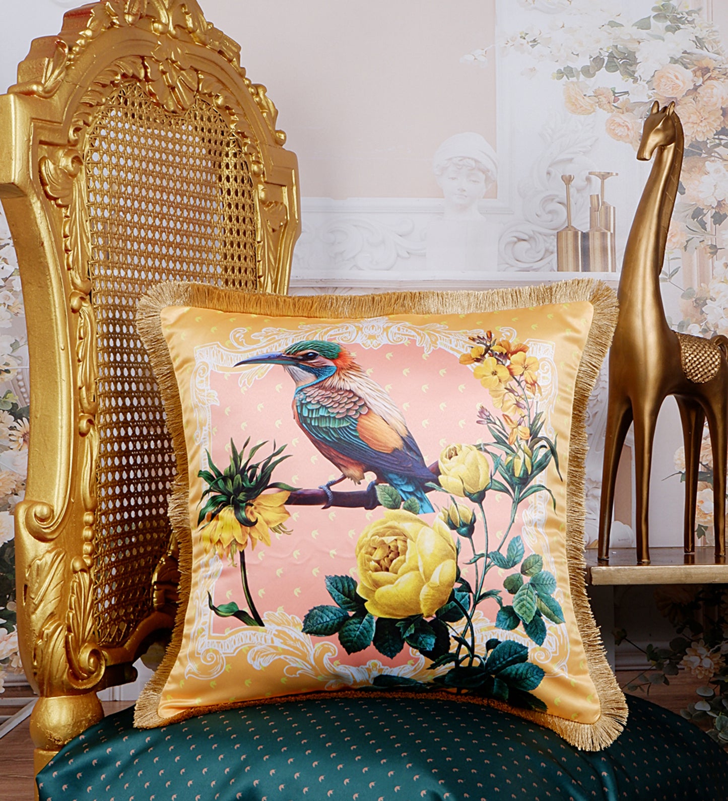 THE WHITE INK DECOR Tropical Paradise: Premium Satin Cushion Cover with Fringe Edging . Decorative Throw Pillow Covers for Sofa. Bird