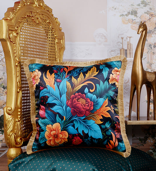 THE WHITE INK DECOR Premium Satin Prismatic Floral Print Cushion Cover with Fringe Edging and Concealed  Lifestyle