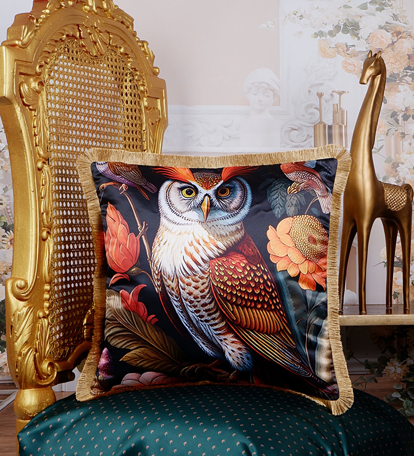 THE WHITE INK DECOR Tropical Paradise: Premium Satin Cushion Cover with Fringe Edging . Decorative Throw Pillow Covers for Sofa. Owl