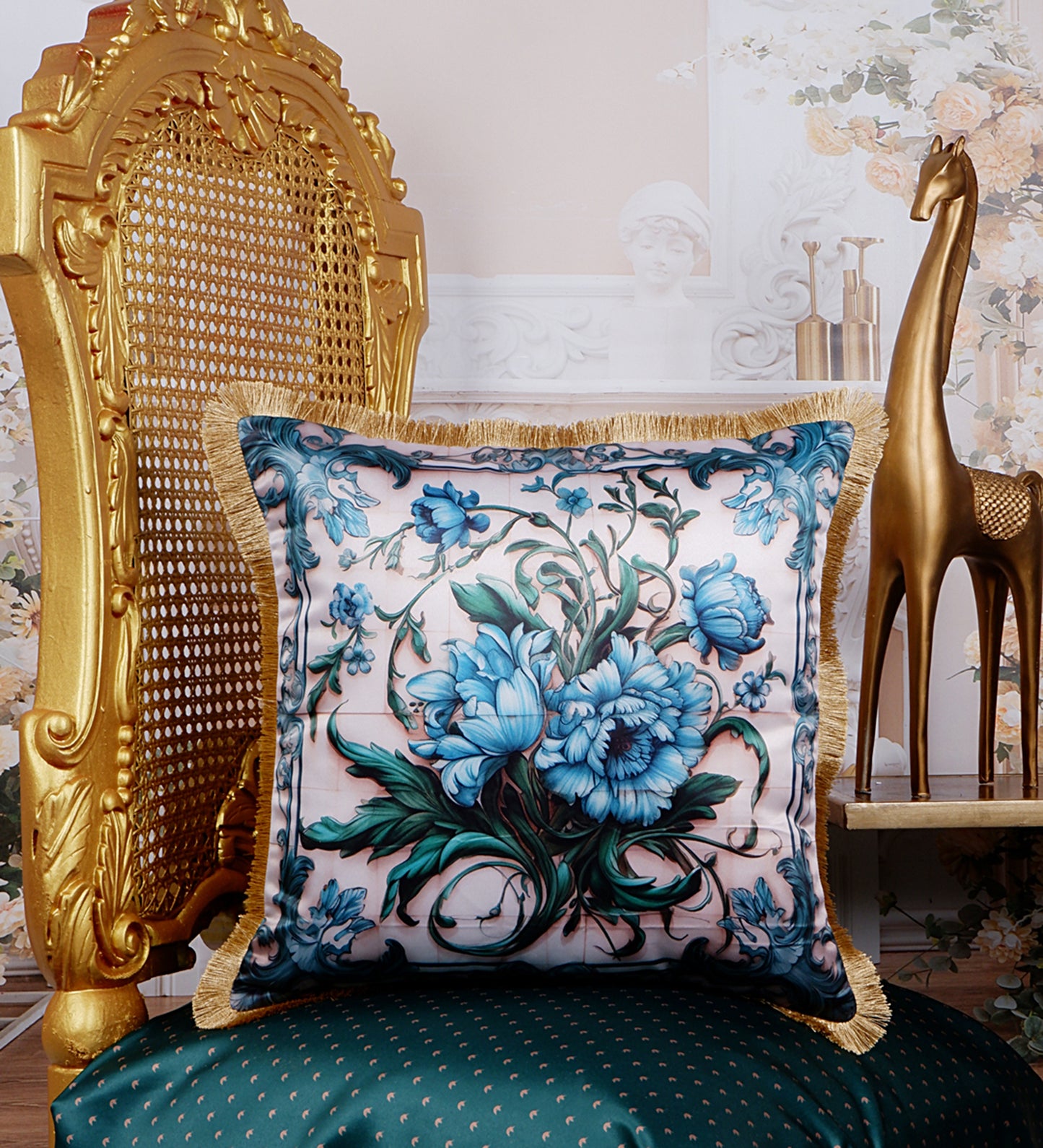 THE WHITE INK DECOR Premium Satin Floral Print Cushion Cover with Fringe Edging and Concealed  Lifestyle 163