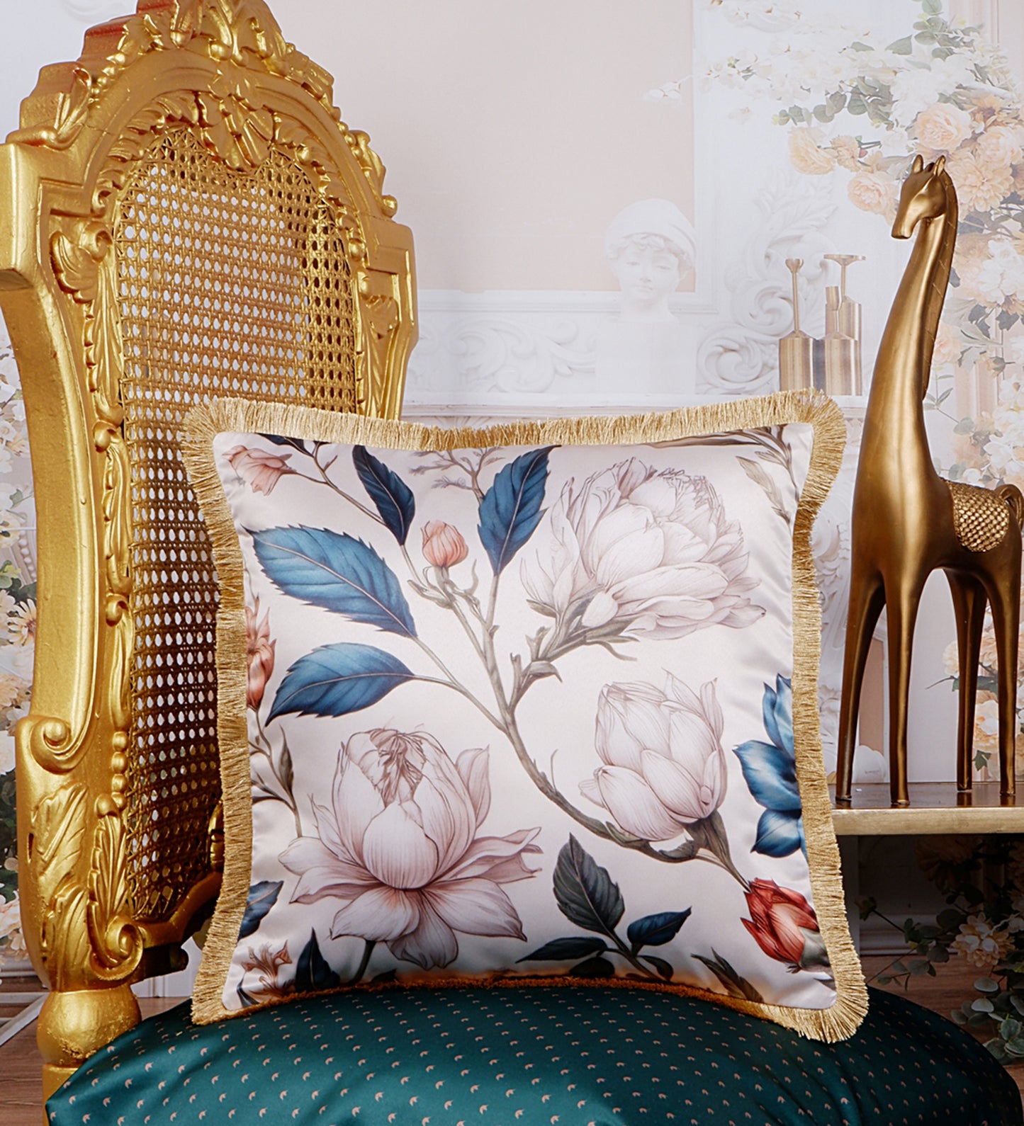 THE WHITE INK DECOR Premium Satin Prismatic Floral Print Cushion Cover with Fringe Edging and Concealed  Lifestyle