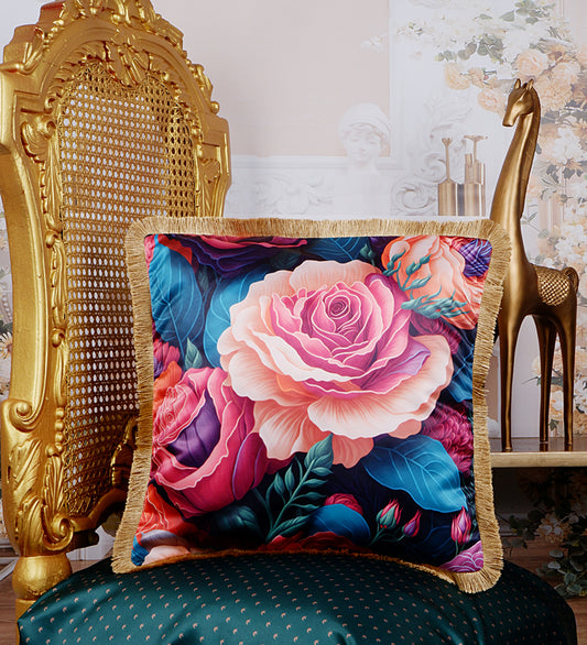 THE WHITE INK DECOR Premium Satin Prismatic Floral Print Cushion Cover with Fringe Edging and Concealed  Lifestyle