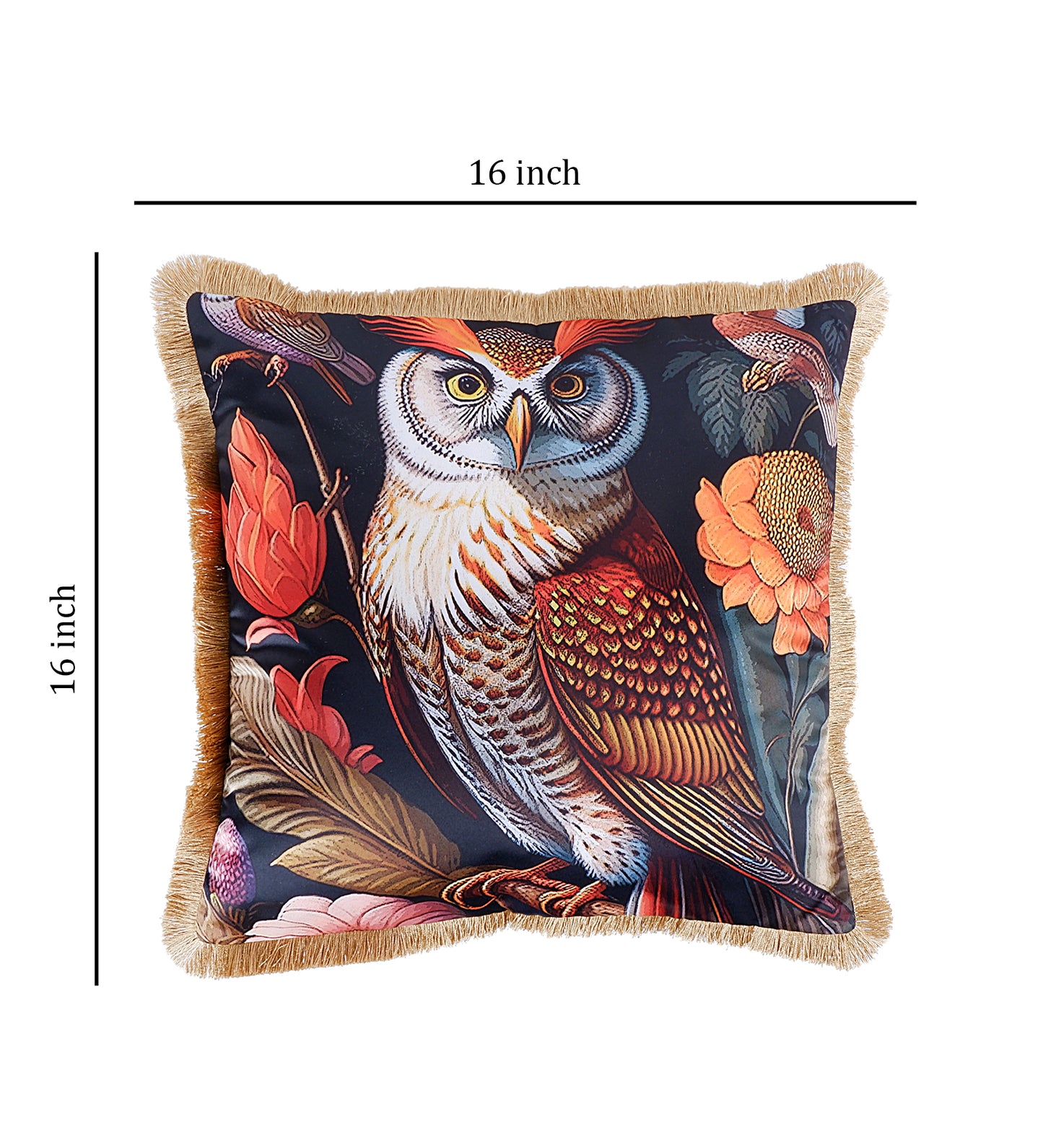 THE WHITE INK DECOR Tropical Paradise: Premium Satin Cushion Cover with Fringe Edging . Decorative Throw Pillow Covers for Sofa. Owl