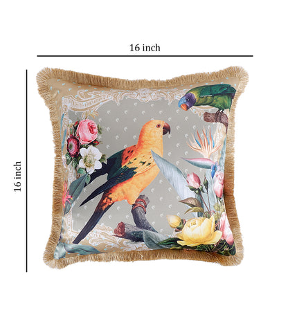 THE WHITE INK DECOR Tropical Paradise: Premium Satin Cushion Cover with Fringe Edging . Decorative Throw Pillow Covers for Sofa. Parrot