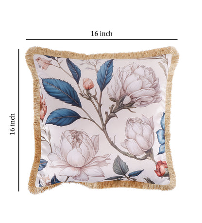 THE WHITE INK DECOR Premium Satin Prismatic Floral Print Cushion Cover with Fringe Edging and Concealed  Lifestyle