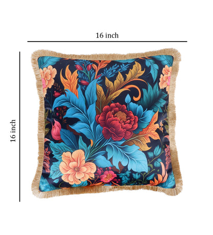 THE WHITE INK DECOR Premium Satin Prismatic Floral Print Cushion Cover with Fringe Edging and Concealed  Lifestyle