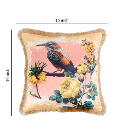 THE WHITE INK DECOR Tropical Paradise: Premium Satin Cushion Cover with Fringe Edging . Decorative Throw Pillow Covers for Sofa. Bird