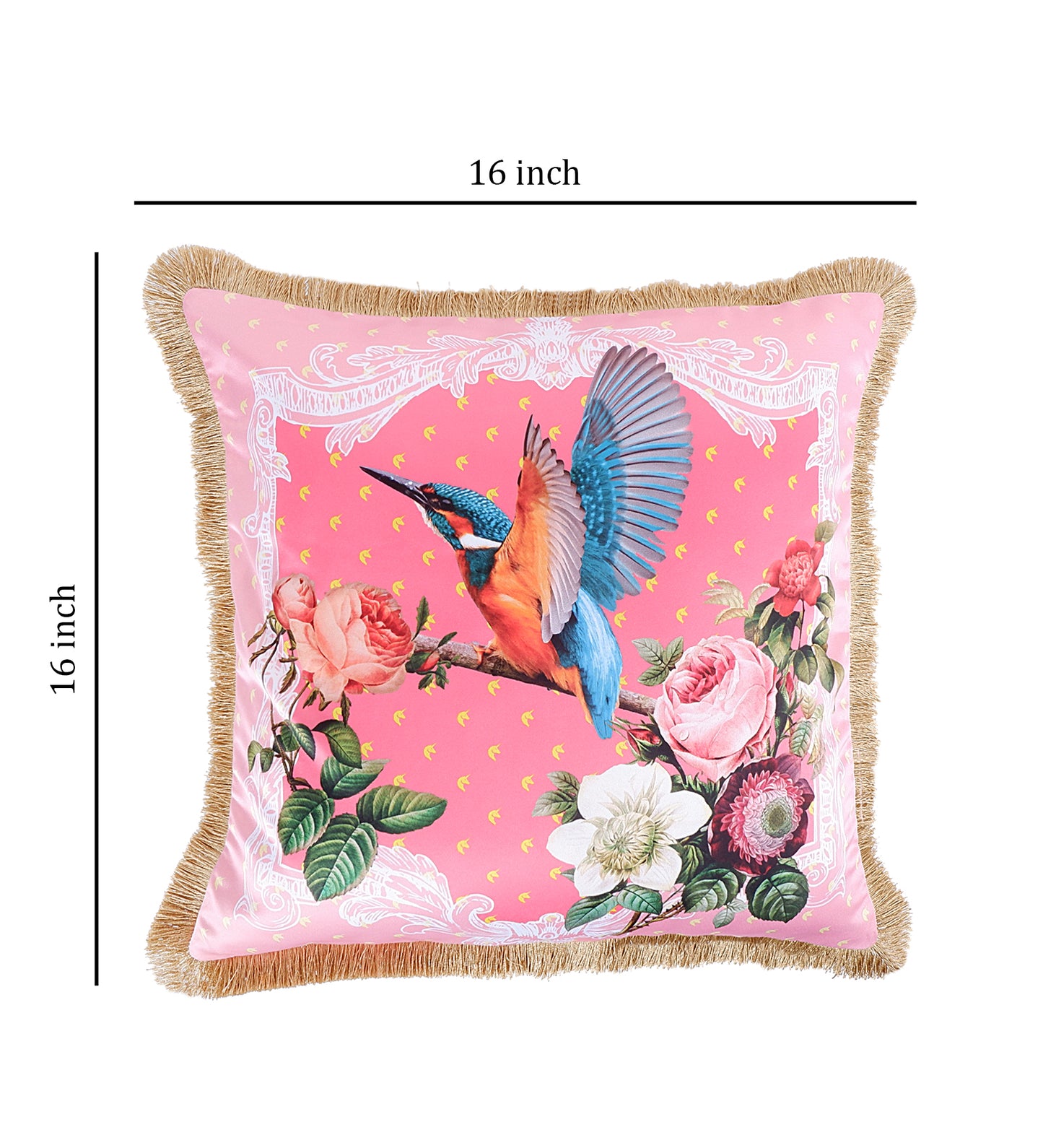 THE WHITE INK DECOR Tropical Paradise: Premium Satin Cushion Cover with Fringe Edging . Decorative Throw Pillow Covers for Sofa. Primary Colors are Pink and Blue