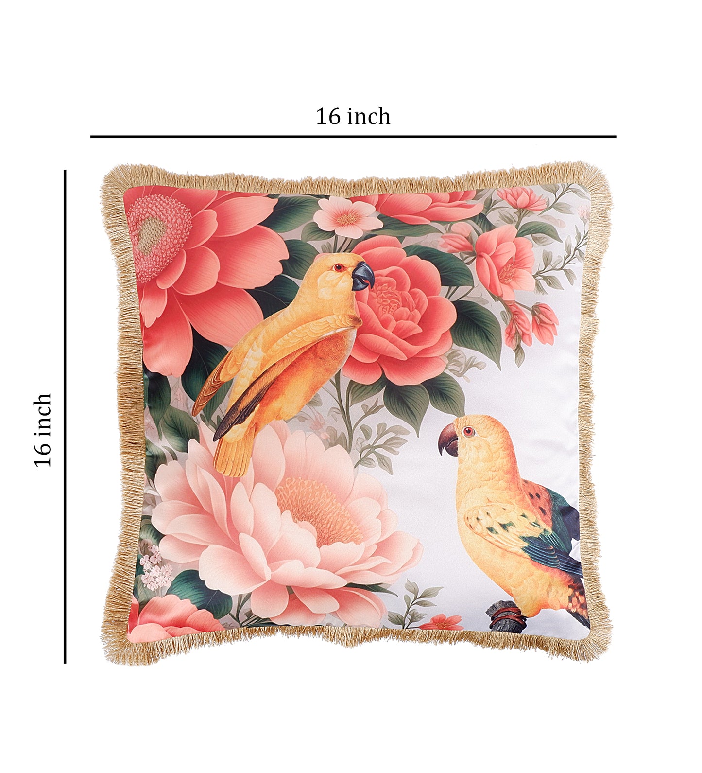 THE WHITE INK DECOR Tropical Paradise: Premium Satin Cushion Cover with Fringe Edging. Decorative Throw Pillow Covers for Sofa. Primary Colors are Pink and Yellow